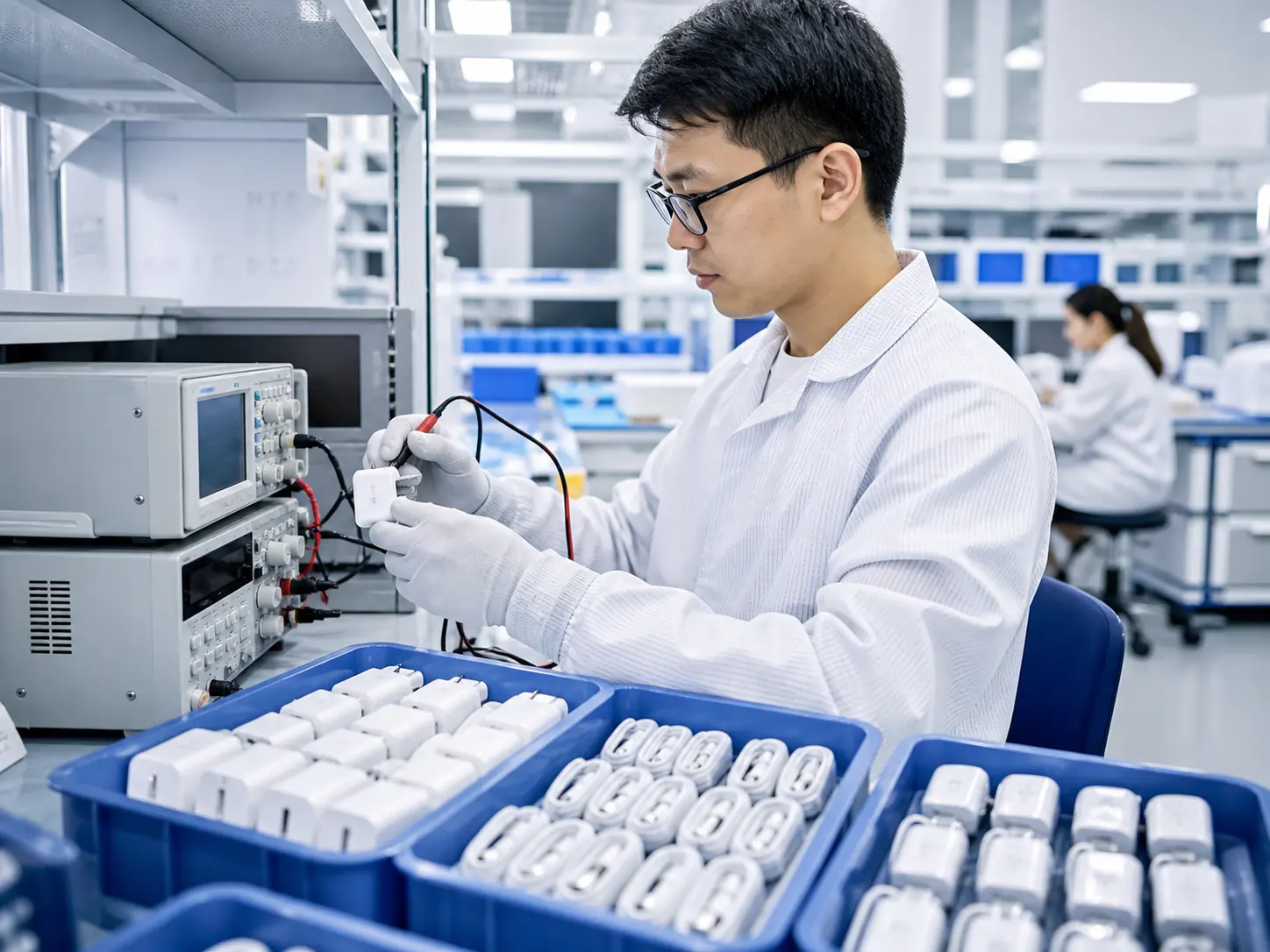 技术人员在实验室检测充电器与 3C 配件的质量和性能